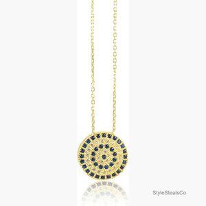 925 Sterling Silver Gold Plated Evil Eye Pendant Necklace 16.5" Chain